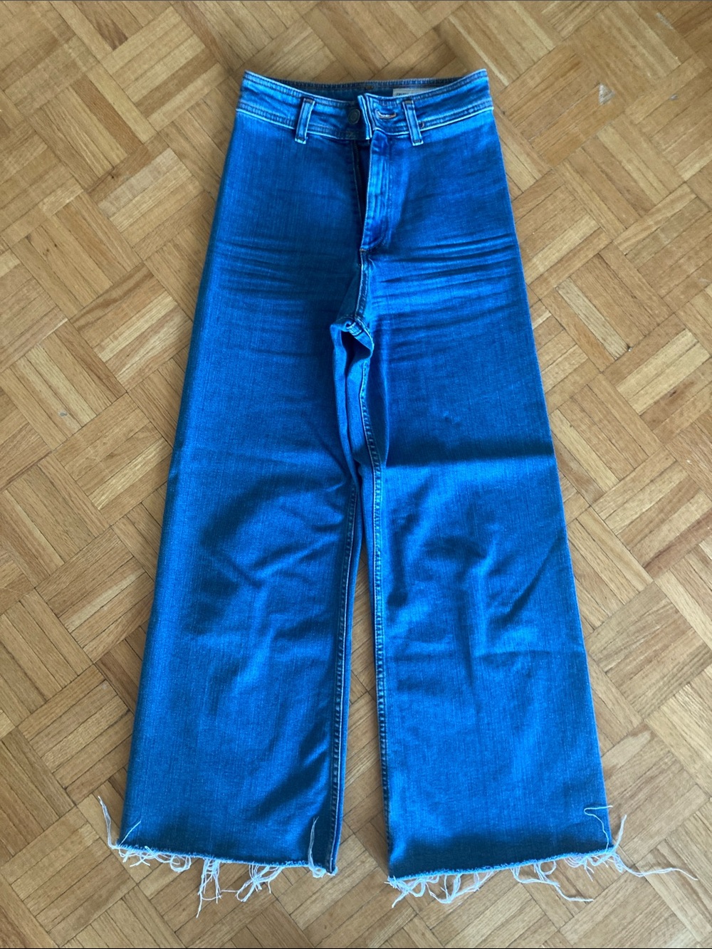 Zara Wide Leg Frayed Hem Jeans in Deep Blue